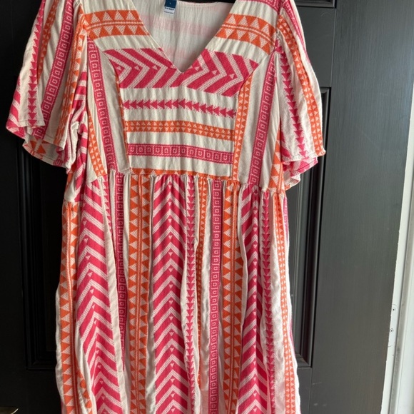 V-Neck Mini Swing Dress | Old Navy| Pink Orange Geometric Pattern Women’s Sz M - Picture 3 of 5